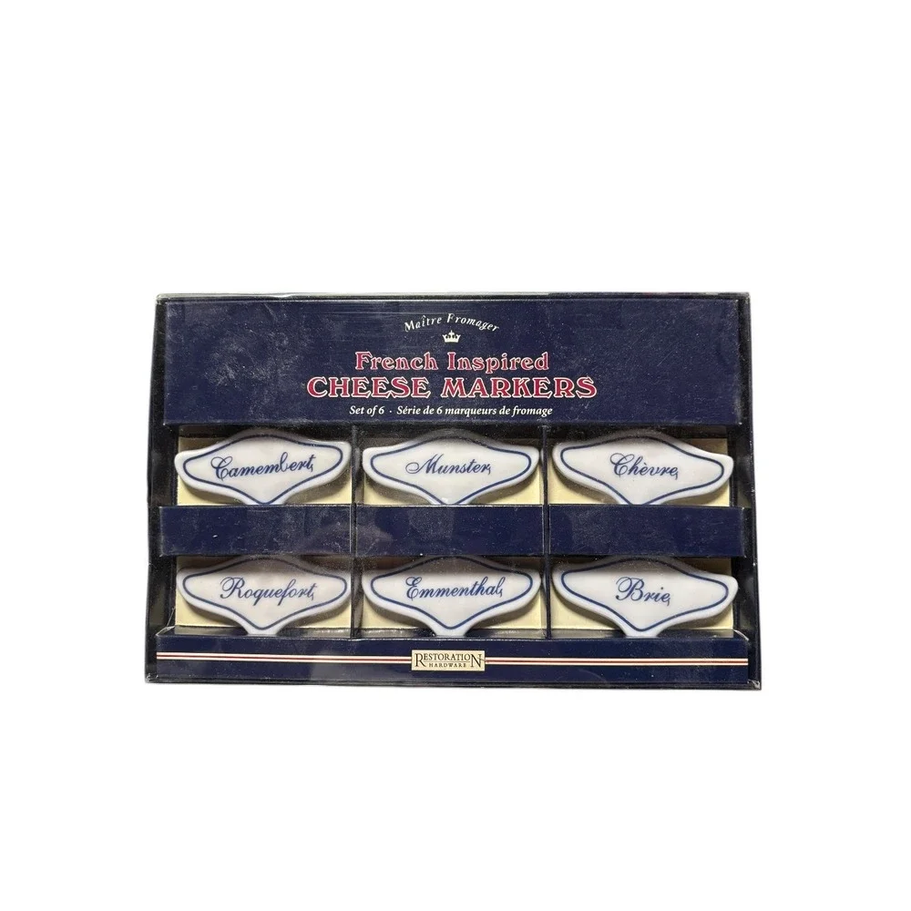 Restoration Hardware French Inspired Cheese Markers Set of 6 Ceramic White Blue